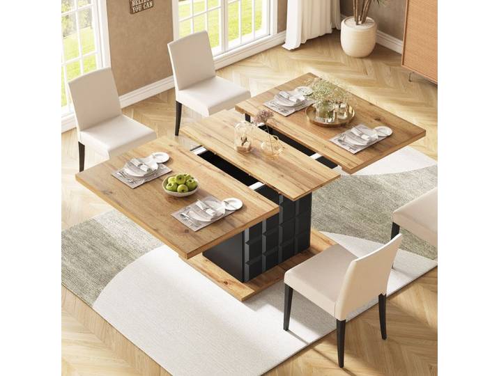 Table à Manger Extensible 110–140 cm avec Rangement Design Moderne à Motif Carré pour Cuisine et Salon