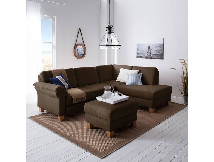Ecksofa Microfaser Braun/Braun Webstoff 249 x 87 x 189cm Ottomane davorstehend rechts mit Schlaffunktion Natur