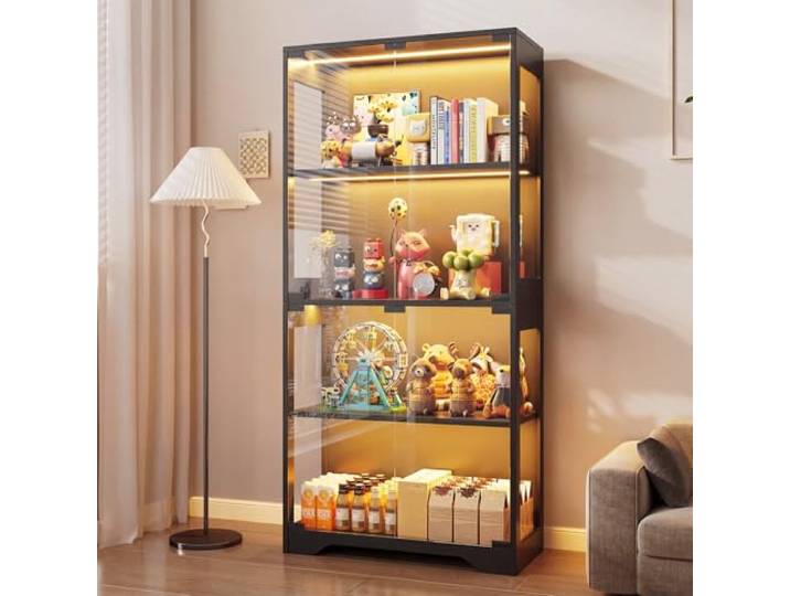 JUMMICO Glasvitrine mit RGB Beleuchtung LED, 80 x 35 x 165,5(H) cm ,Dynamische Lichteffekte, Über 60.000 Farben, 4 Ebenen, Vitrinen für Sammlerstücke