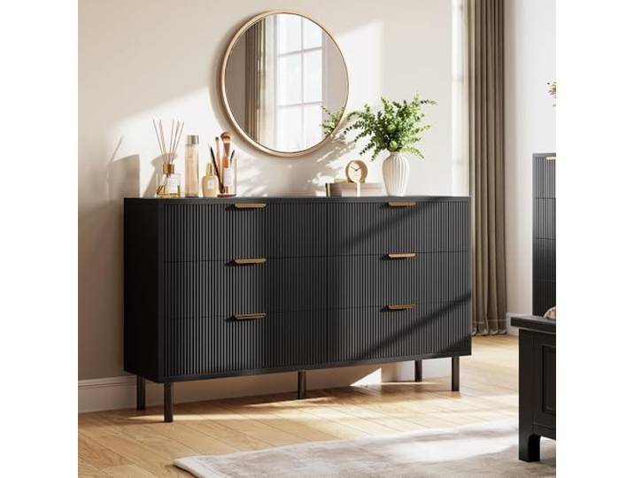 Garvee Modernes Fluted Sideboard mit 6 Schubladen – Breite Holz-Kommode mit Metallbeinen – Anti-Kipp-Schutz – Viel Stauraum für Schlafzimmer, Flur, Schwarz
