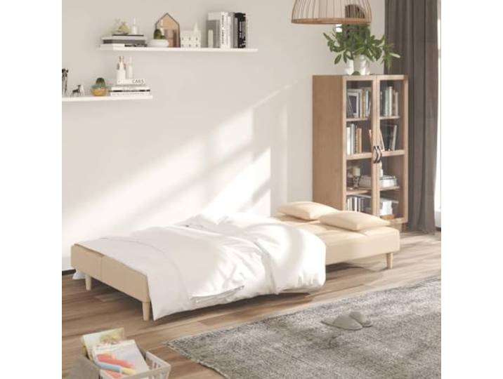 KTHLBRH Schlafsofa für 2-Sitzer, cremefarben, Stoff mit 2 Kissen Holzgestell, Schaumstoff, umwandelbar, 110 kg pro Sitzplatz, für Studio