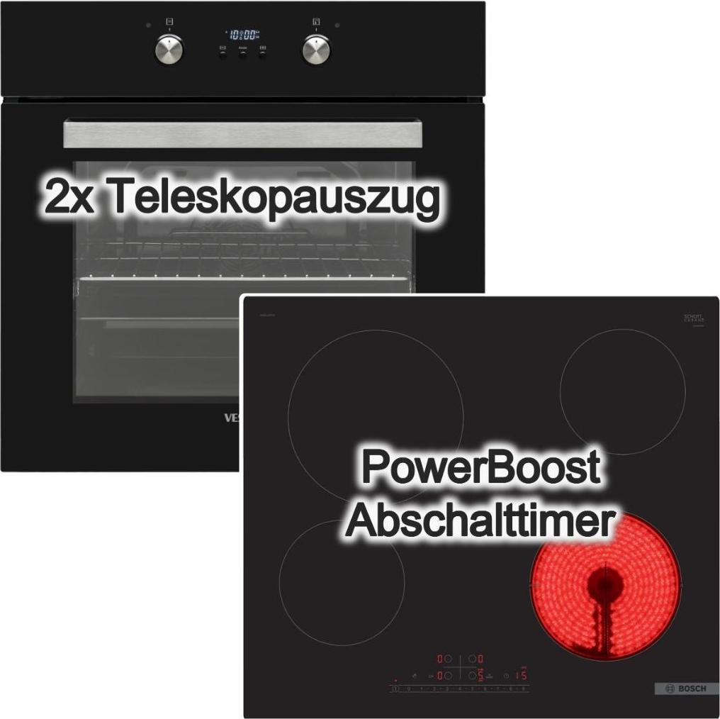 Backofen Set Teleskopauszug 69 Liter Hot Air Shield mit Bosch Glaskeramik Kochfeld 60 cm PowerBoost