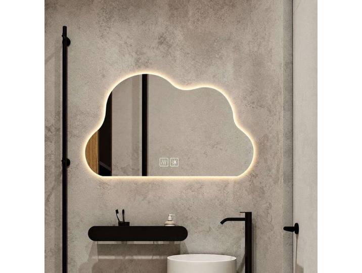 Miroir Salle de Bain avec Eclairage Asymetrique 60x80CM Miroir de Maquillage Miroir Mural Lumiere Tricolore Forme de Nuage