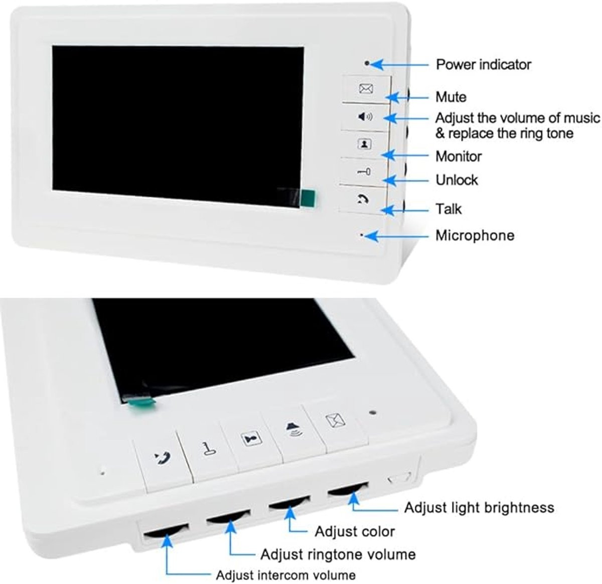 Wired Video Intercom Deurbel met 7 Inch Monitor en Nachtzicht, Wit