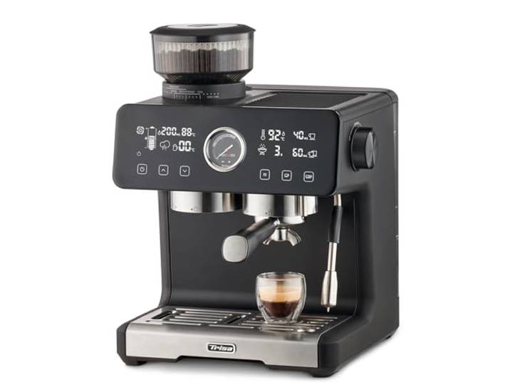 Trisa Smart Barista Siebträgermaschine, Espressomaschine mit Dual Boiler 20 Bar mit Manometer, Touchscreen, Auto-Tamper, 2,5 L Wassertank, Edelstahl, Profi-Dampfdüse für Latte Art & Cappuccino
