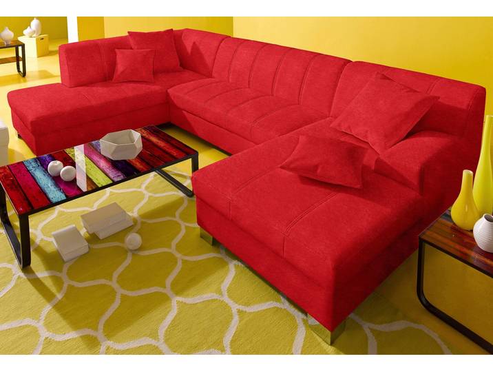 Wohnlandschaft, Microfaser PRIMABELLE, Rot, 297×82×75 cm, Mit Bettfunktion & Zierkissen, Modern, Domo Collection