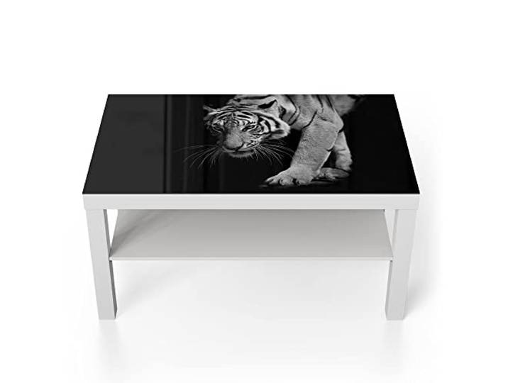 DEQORI Glastisch weiß groß 90x50 cm Motiv Pirschender Tiger ausgefallener Beistelltisch aus Glas Hochglanz Couchtisch fürs Wohnzimmer moderner Couch Tisch mit Design