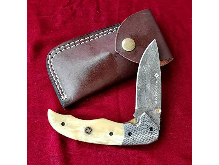 CRAFTOMATIK Damast Stahl Taschenmesser Klappmesser Kamelknochen, Damast Stahl, Mosaik Stift Griff Handgefertigt Outdoor Damastmesser Camping Messer FK43-YW