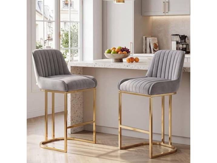 Ya-Home Barhocker 2er Set, Barstuhl Samt mit Lehne, Grau Bar Stools mit goldenem Metallbein, gepolstert Bistrohocker Thekenhocker für Kücheninsel/Hausbar