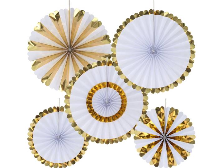 Deko-Fächer aus Papier, 5 Stück, gold und weiss