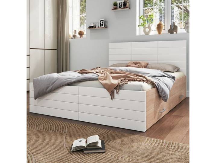 Lit double 160x200 cm - Bois blanc et chêne - 2 tiroirs - Sommier inclus - Style moderne - 498 kg max