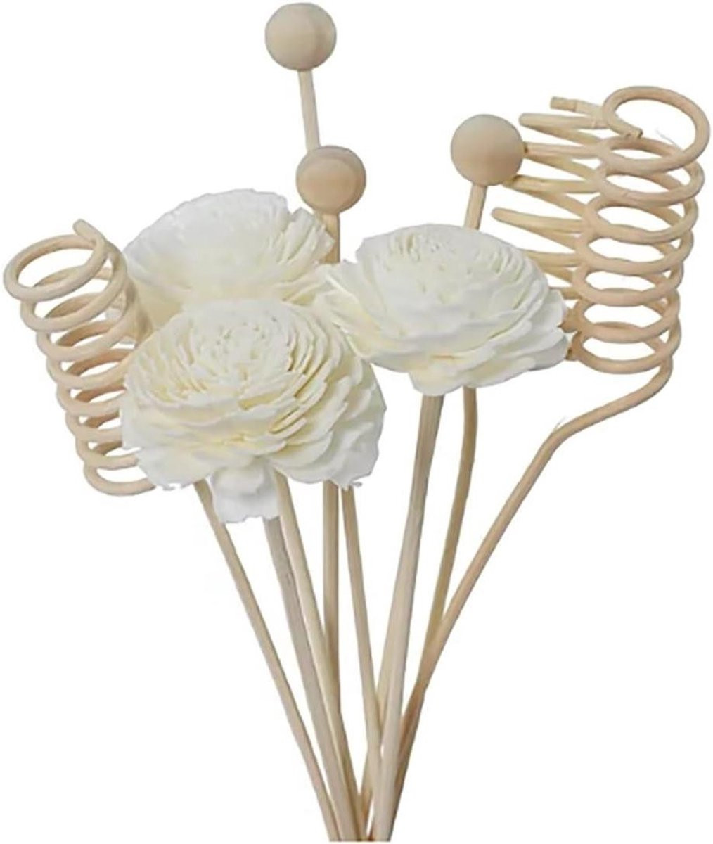 Merkloze Diffuser Stokjes - Geurverspreider van Natuurlijk Rotan met Bloemvorm - 9 Stuks - Natuurlijk