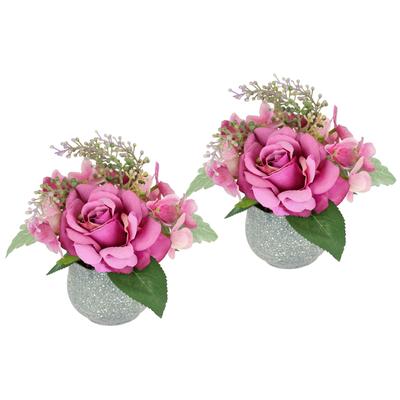 Kunstblume I.GE.A. "Arrangement Rose und Hortensie im Topf 2er Set", pink (burgund), B:19cm H:20cm T:19cm, Polyester, Kunstpflanzen, Blumengesteck künstlich Dekoblume Hochzeitsdeko Kunstpflanze Blume