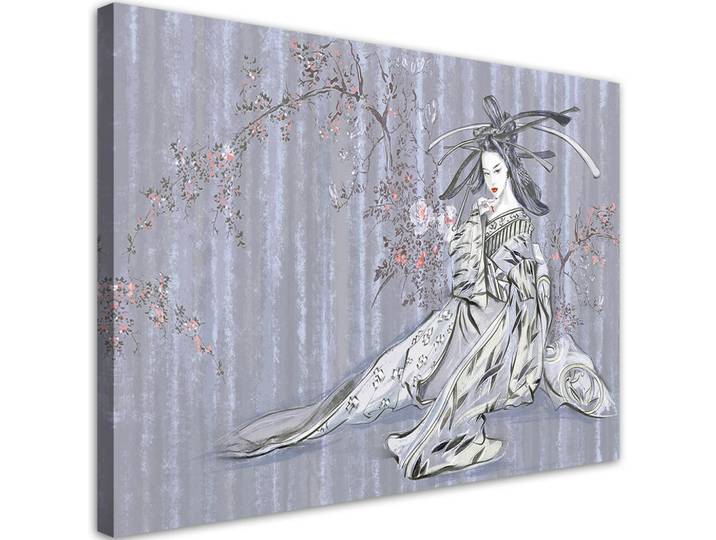 Feeby Leinwandbild Traditioneller japanischer Geisha 90x60cm, Blau, Orientalisch, Rechteckig, 90x60 cm, Bilder & Rahmen, Bilder, Leinwandbilder
