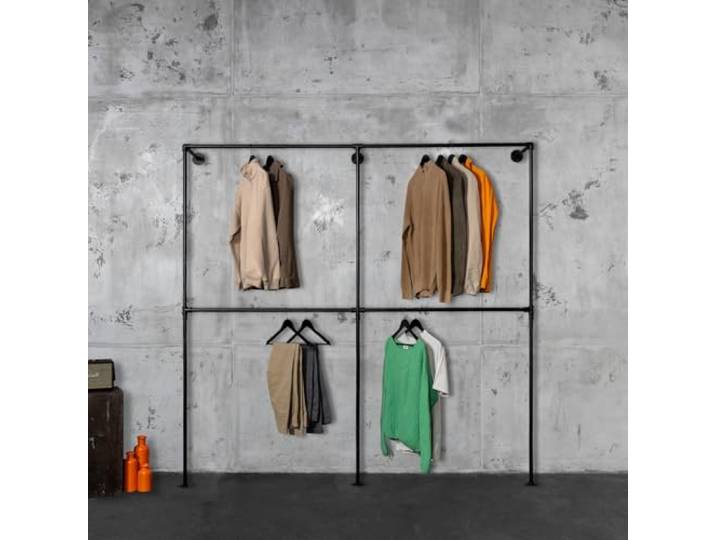 RSR Hangers Kleiderstange Kleiderstangensystem Nina Schwerlast höhenverstellbar Industrial Garderobe Loft Design begehbarer Kleiderschrank Kleiderständer Wandmontage Schwarz Breite 200 cm