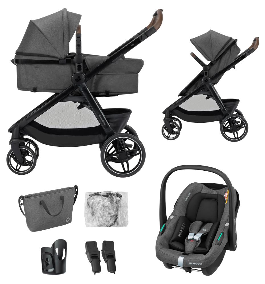 Maxi-Cosi Zelia S Trio² Kinderwagen 3 in 1 mit CabrioFix S Kindersitz, 0-4 Jahre, Einhändig Klappbar, Wendbares Kinderwagen Set, Dark Grey