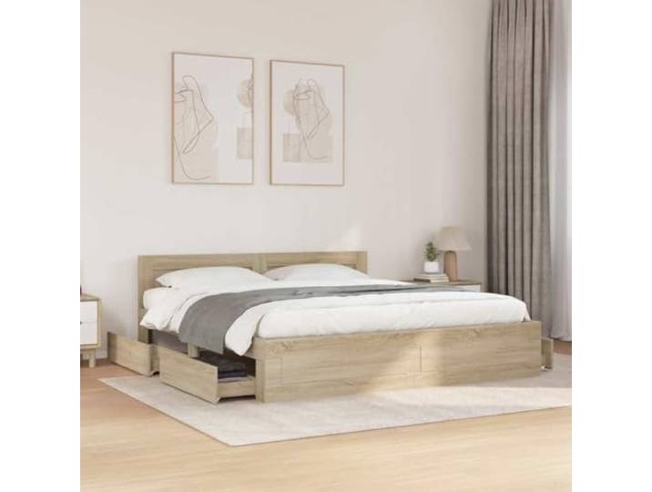 RJPLMFV Bettgestell mit Schublade Sonoma 193 x 203 cm Holz Mit Kopfteil, integrierten Regalen, ausziehbaren Schubladen, modernes Design, praktische Aufbewahrung