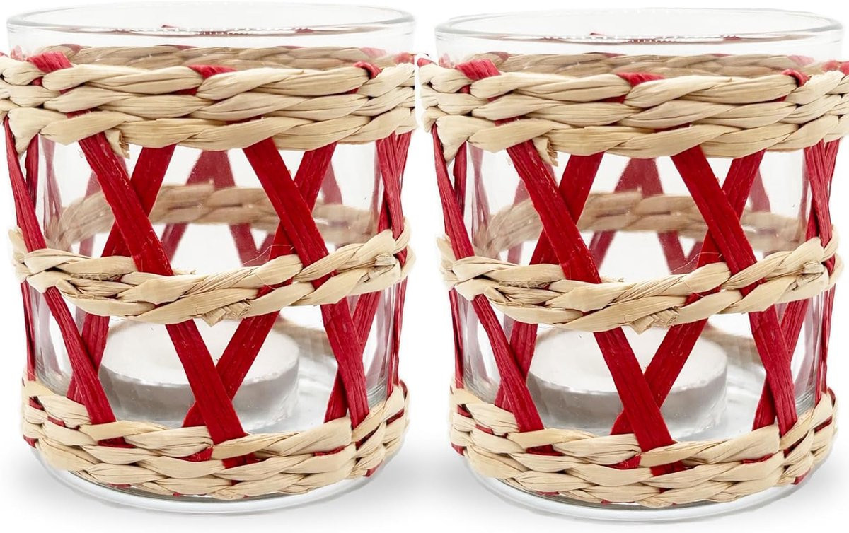 Set van 2 handgeweven rotan en seagrass windlichten voor tealights - Rood Bruin