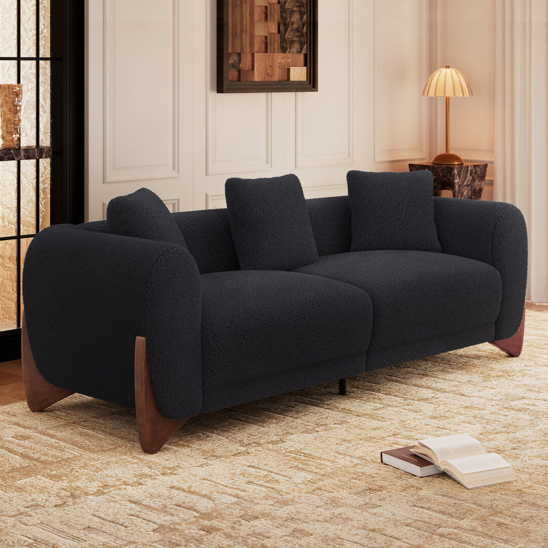 Metro Cloud Sherpa Upholstered Sofa with Wood Wedge Legs Black 70cm H X 220.98cm W X 87.63cm D