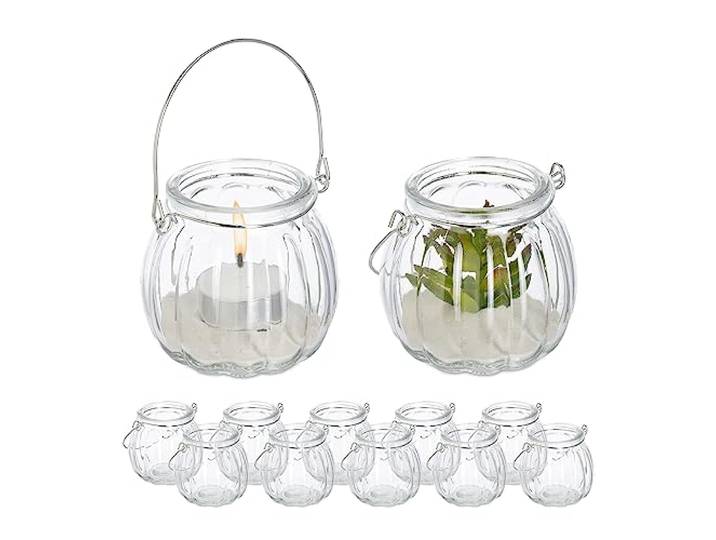 Relaxdays Photophore en Verre\, Lot de 12\, Porte-Bougie avec Anse argentée\, HxD : 7\,5 x 8 cm\, Rond\, Transparent