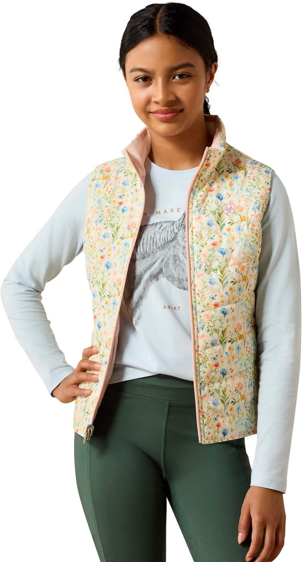 Kid's Bella Reversible Insulated Vest in Horse In Flowers Sepia Rose, Size: Medium by Ariat