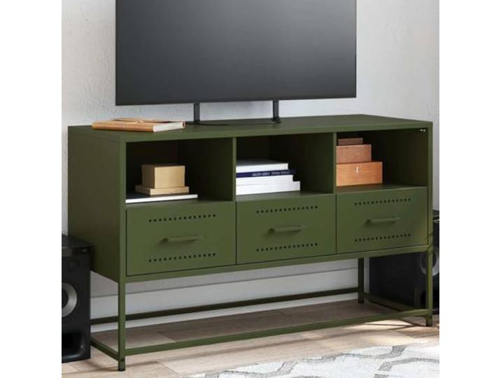 HEFZGDB TV-Schrank Olivgrün 100,5x39x60,5 cm Stahl mit 3 Fächern und 3 Schubladen Industrie-Stil Möbel Stauraum Multimedia Aufbewahrung robust stabil
