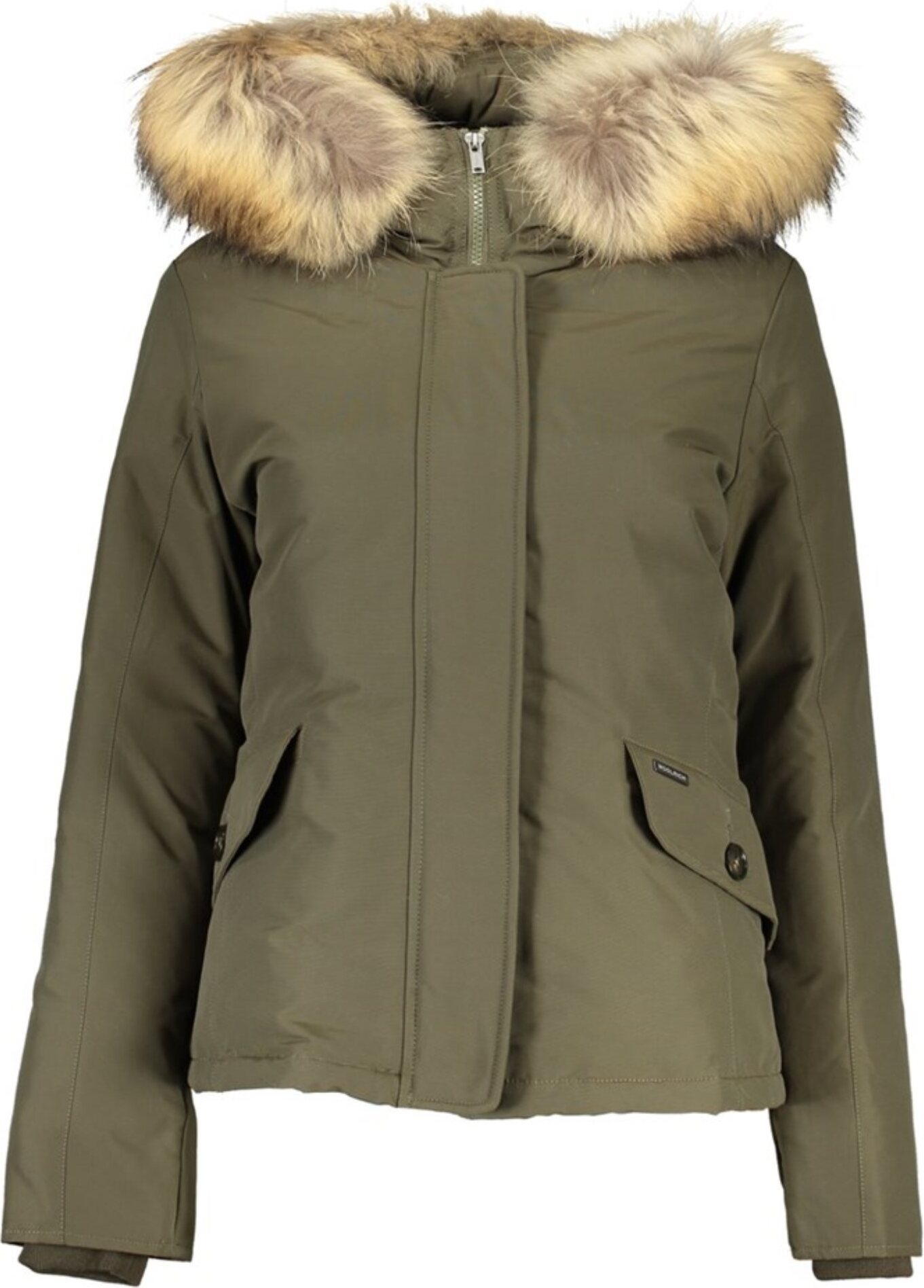 Damenjacke grün mit Pelzkapuze, Taschen & Reißverschluss