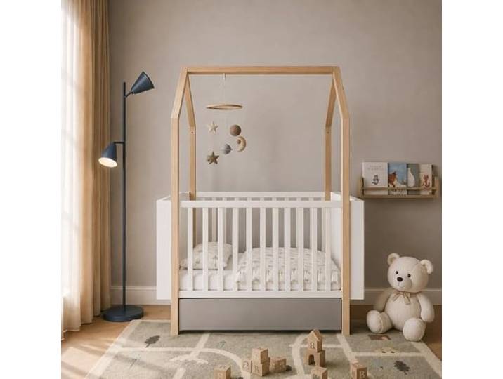 Bellamy Pinette Kinderbett 70x140 cm ausziehbar auf 160 cm - 3-in-1 Haus Bett mit Sofa-Funktion und Schublade, Nordischer Stil, Weiß Grau