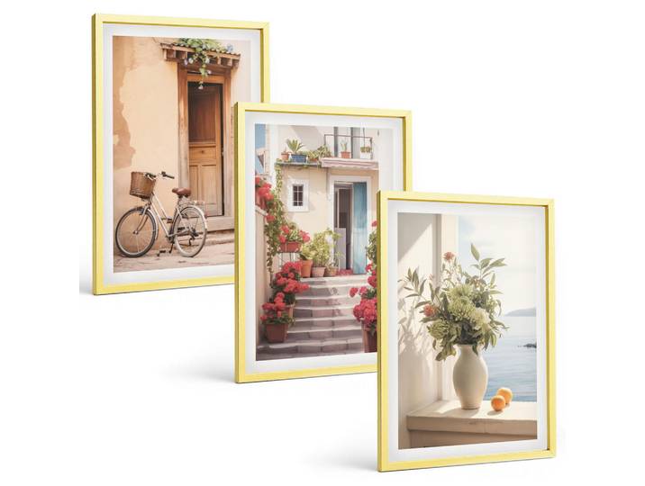 Tulup Bilder SET 3er Set - 40x60 cm Goldrahmen - Charmante Küstenstraßen, Goldfarben, Kunststoff, Rechteckig, 40x60 cm, Fotografie, Bilder & Rahmen, Bilder