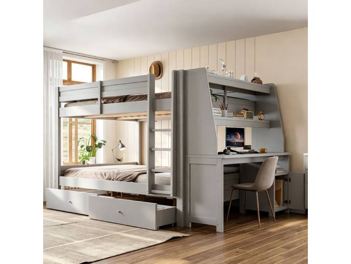 Lit Superposé 140x200cm Lit enfant 2 places avec Bureau et 2 tiroirs Lit double en bois avec Rangements Lit Superposé Enfant Gris