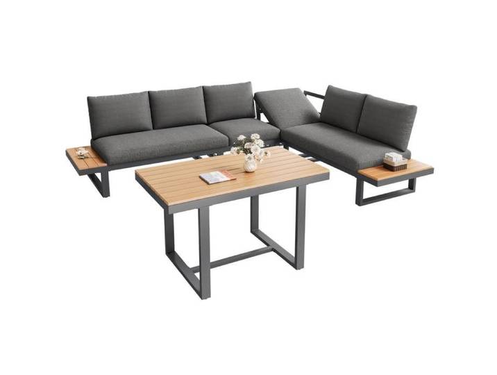 Salon de jardin modulable inclinable5positions jusqu'à 55° cadre acier galvanisé table105×70cmrangement latéral pour balcon terrasse