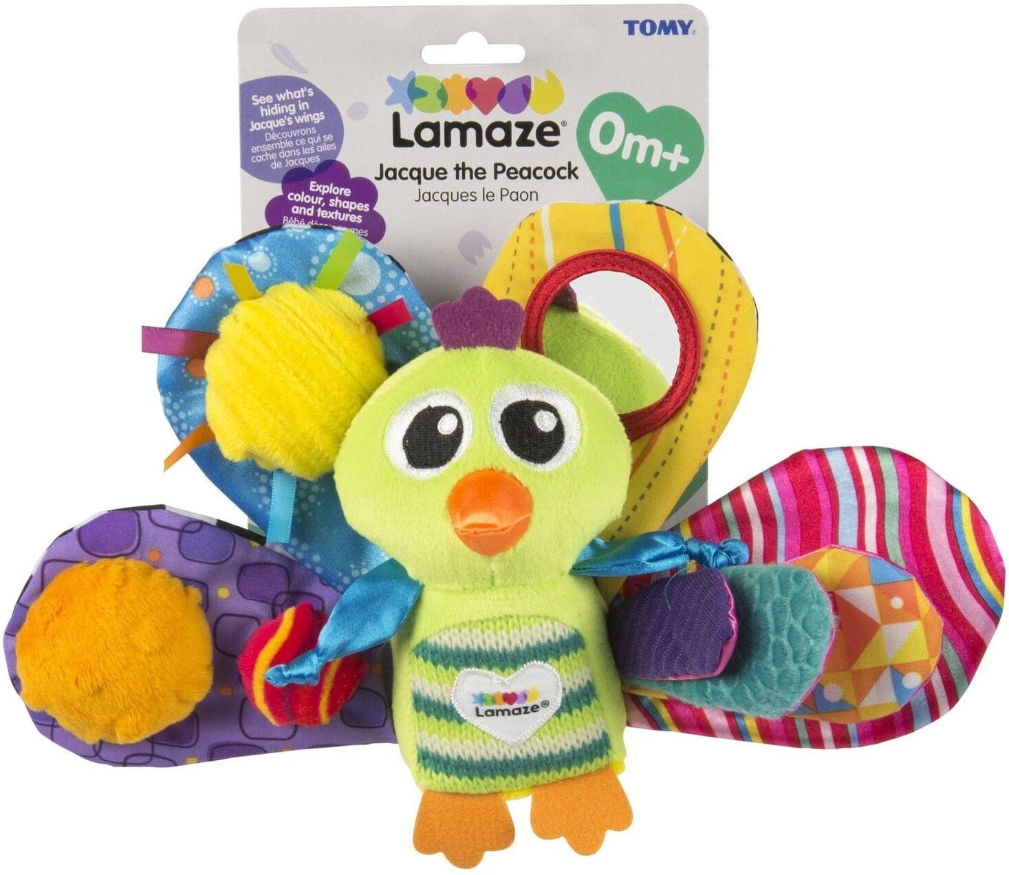 TOMY Lamaze Jacques the Peacock Clip ; Go Sensory Baby Toy for Babies - Colourful Teething Toy with Mirror and Rattle - 0-12 Months