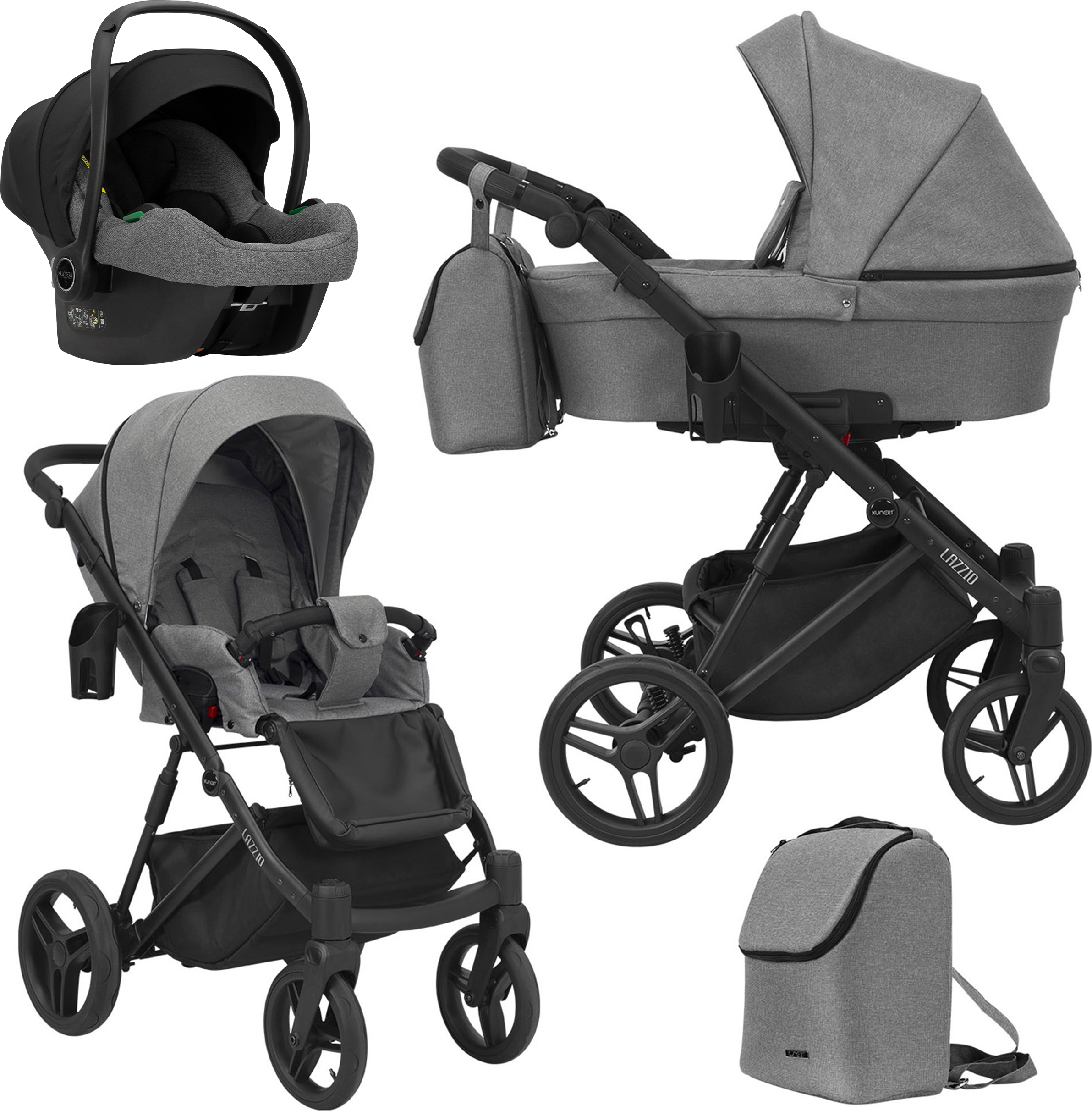 Kinderwagen LAZZIO Sportwagen Babywagen Babyschale Komplettset Kinder Wagen Autositz Set 3 in 1 (LAZ-06, Rahmenfarbe: Schwarz)