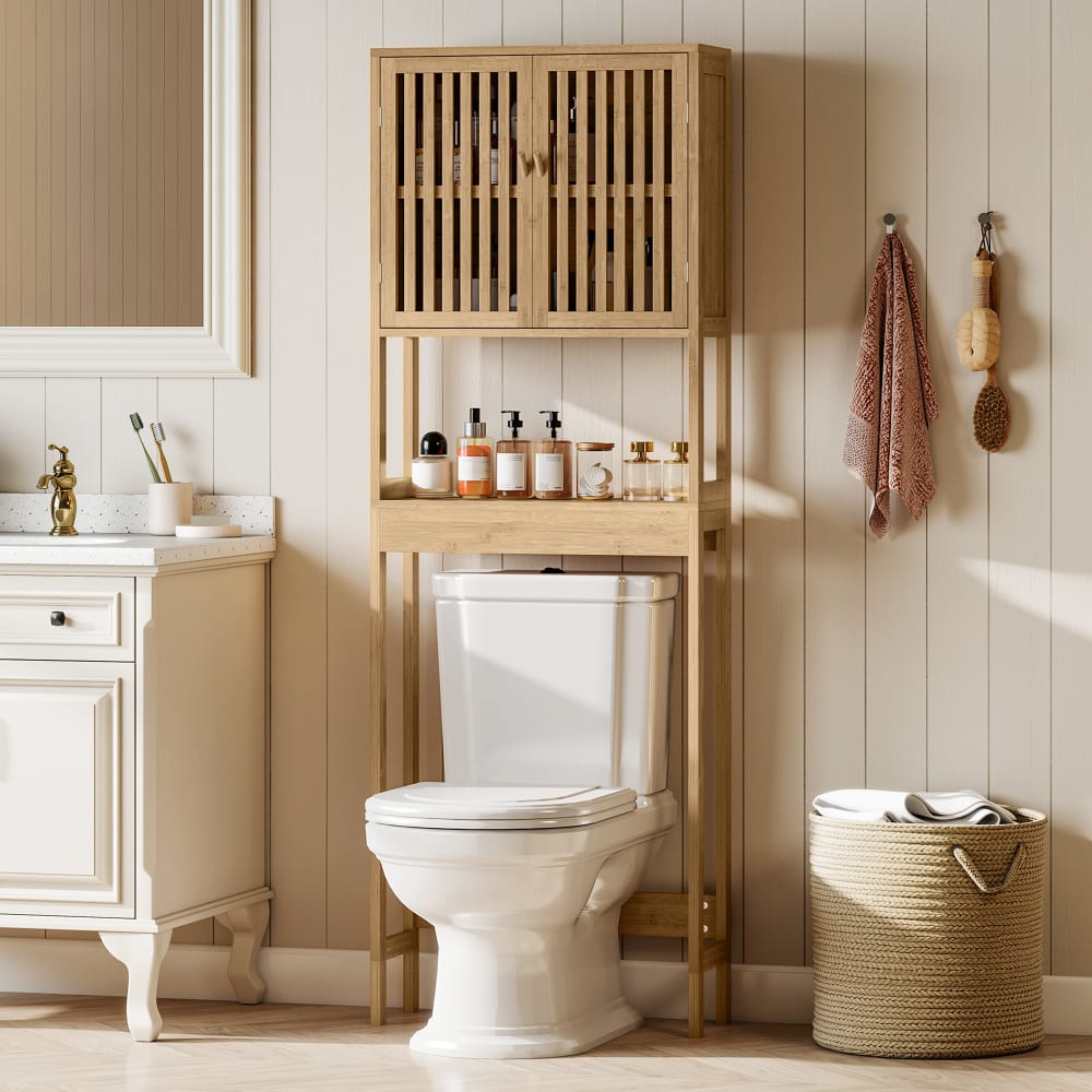 Homcom Étagère de toilettes placard 2 portes bambou naturel Beige 60x172x22cm