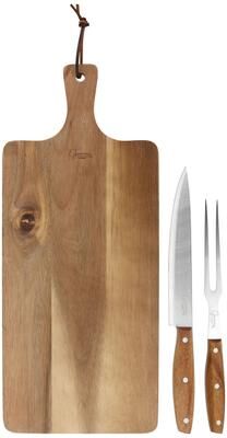 Gibson Elite 3 Piece Acacia Wood Serving Board with Carving Knife and Fork in Brown