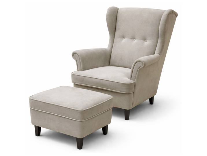 Ohrensessel Malmello mit Fußhocker, beige, pflegeleichter Samt,