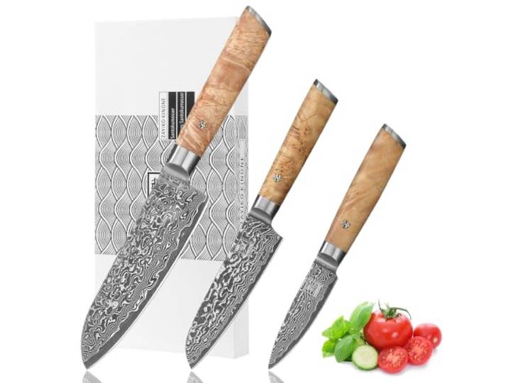zayiko Kinone Damastmesser-Set 3-teilig, 67 Lagen Damaststahl mit VG10-Kern Küchenmesser-Set mit 2 Santokumessern & 1 Officemesser; Birkenwurzelholzgriffe, 15° V-Schliff je Seite, 60±2 HRC, Geschenkbox