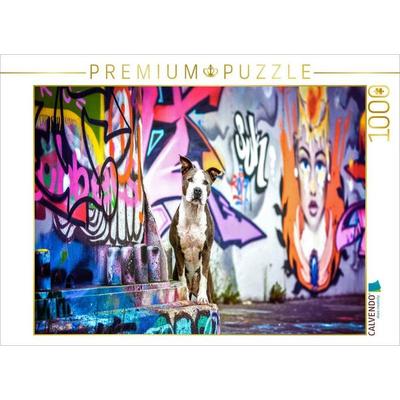 CALVENDO Puzzle American Staffordshire Terrier steht an einer Graffitiwand | 1000 Teile Lege-Größe 64x48cm Foto-Puzzle für glückliche Stunden