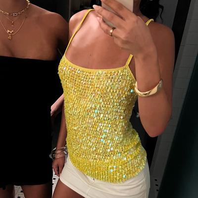 Daily Discovery Sparkle Crochet Crop Top For Women Sequin Beach Cover Up Backless Knit Summer Camisole b s