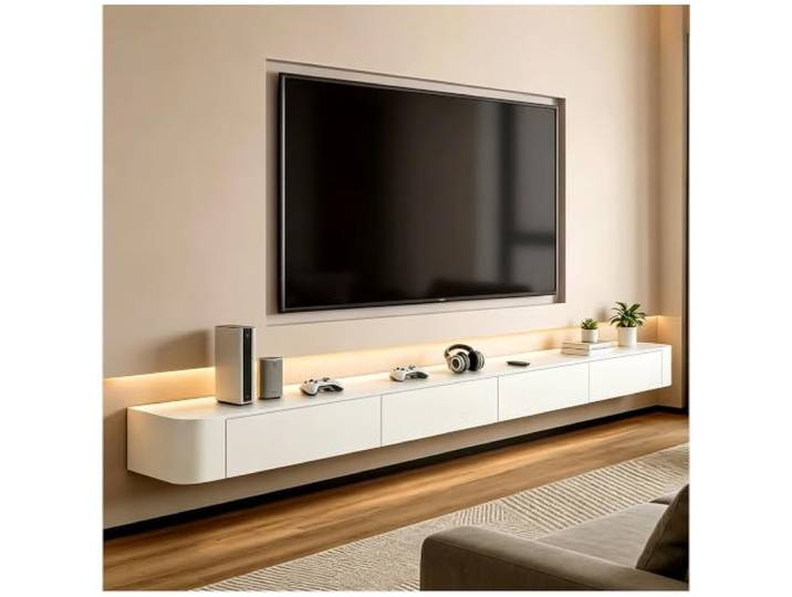 Moderner Schwebender TV-Ständer Mit Stauraum – Wandmontierte Medienkonsole Für Wohnzimmer Und Schlafzimmer – Eleganter TV-Schrank Mit Offenen Regalen Und Versteckten Fächern(Weiß,280cm)