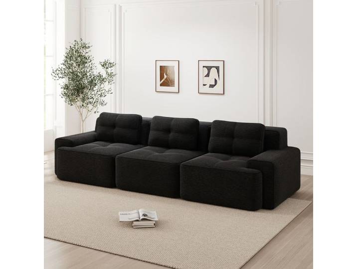 Modenuit Canapé modulaire 3 places compressé velours côtelé noir assise profonde 74 cm sans montage