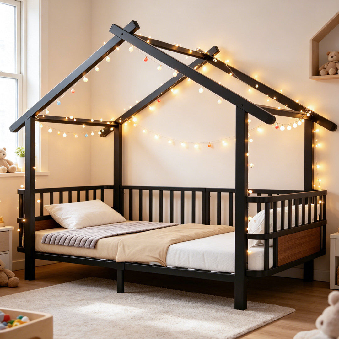 Happy Larry European Single (90 x 200 cm) House Bed Black 168cm H X 215cm W X 96cm L