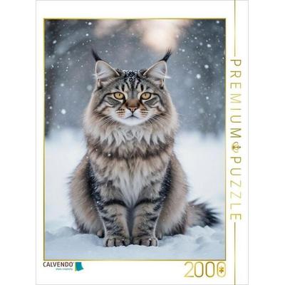 CALVENDO Puzzle Die Maine Coon Katze sitzt im Schnee und zeigt ihre faszinierende Anmut im winterlichen Licht. | 2000 Teile Lege-Größe 90x67cm Foto-Pu