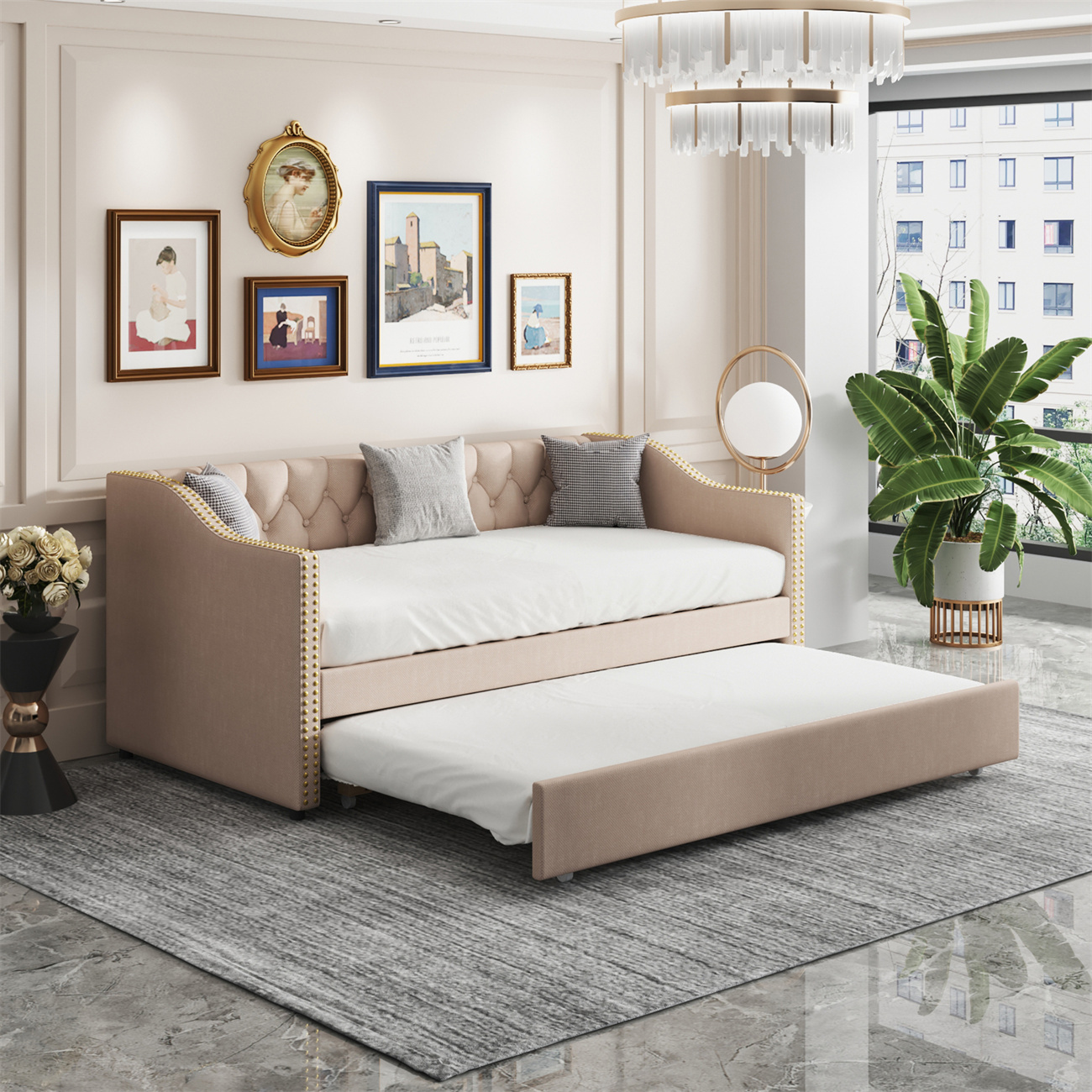 Polsterbett Kinderbett 90x200(Beige)Ausziehbares Schlafsofa Strapazierfähiger Leinenstoff Jugendbett Kinderbett Gästebett