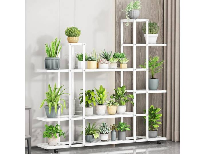 Étagère à Fleurs Angle Fer Forgé Noir Support Plante 3 Niveaux Roulettes Blocables Étagère Intérieur Extérieur H9036 Blanc
