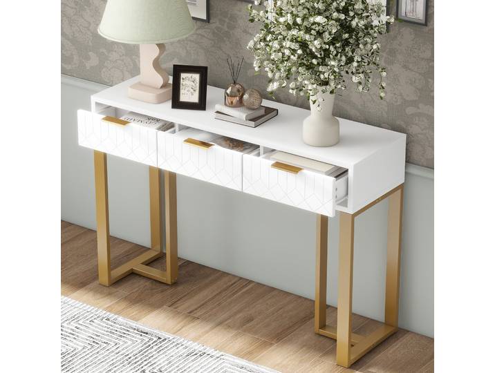 Table console blanche moderne avec pieds dorés, table d'appoint multifonctionnelle pour salon