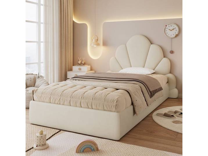 Lit simple Rembourré 90x200 cm tête pétales velours Beige
