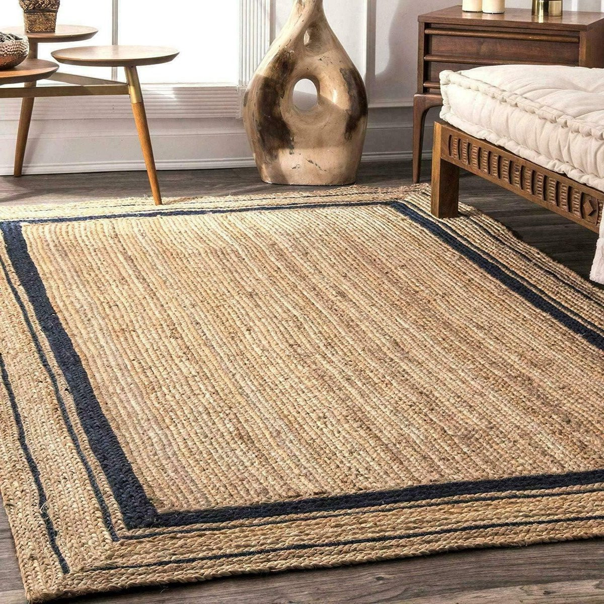 Handgemaakt Jute Vloerkleed met Strepen - Vierkant - Beige Zwart