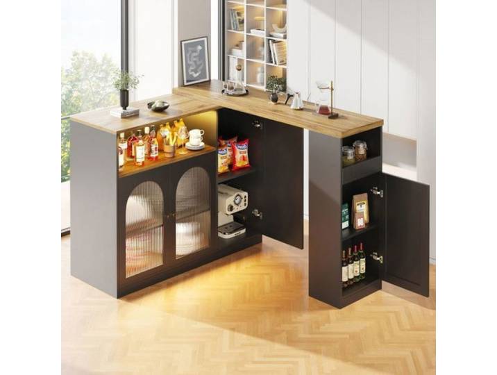 Buffet - Bar rotatif 360° - Éclairage LED - Noir mat - 2 portes en verre