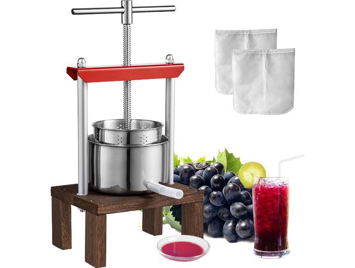 VEVOR Presse à fruits 1\,56 L Presse à pommes avec support\, presse à baies 17 x 10\,3 cm Presse à pommes Extracteur de jus manuel Presse à fruits mécanique en bois de zelkova Convient pour le jus de purée de fruits\, etc.